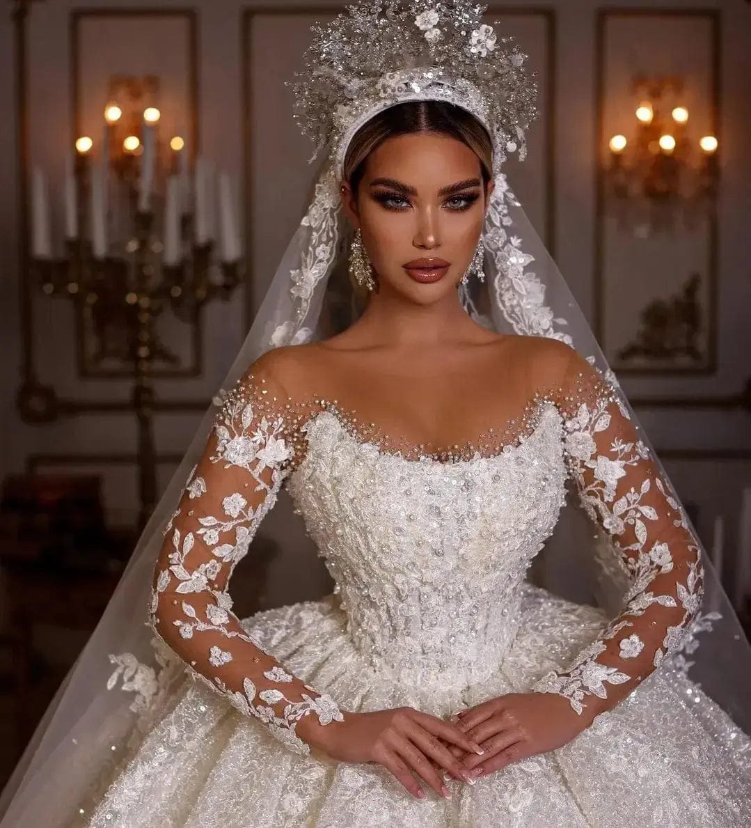 Luxury Lace Dubai Wedding Dresses Long Sleeves Sequins Beads Sheer Neck Appliques Glitter Tulle Bride Gowns Vestido de Noiva - SHOWLU FASHION STORE