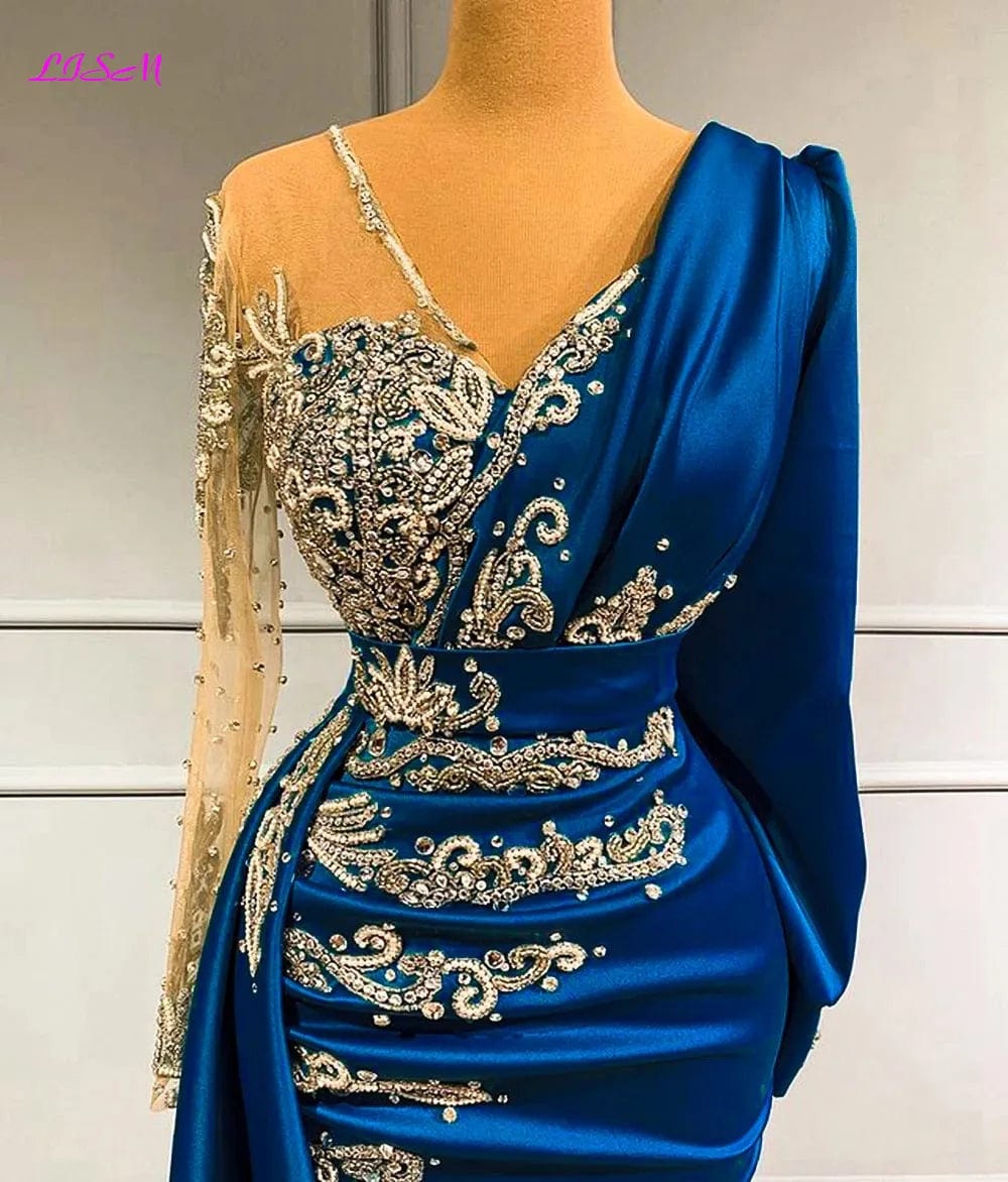 Luxury Long Sleeve Mermaid Evening Dresses Sparkly Crystals Elegant Satin Dubai Women Formal Party Evening Gowns Sheer Neck - SHOWLU FASHION STORE
