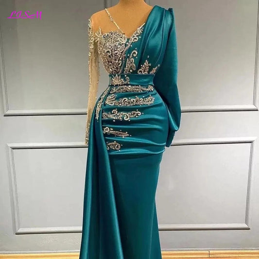 Luxury Long Sleeve Mermaid Evening Dresses Sparkly Crystals Elegant Satin Dubai Women Formal Party Evening Gowns Sheer Neck - SHOWLU FASHION STORE