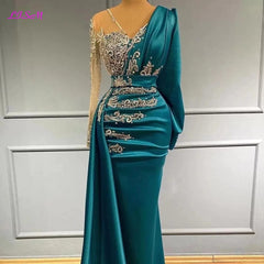 Luxury Long Sleeve Mermaid Evening Dresses Sparkly Crystals Elegant Satin Dubai Women Formal Party Evening Gowns Sheer Neck - SHOWLU FASHION STORE