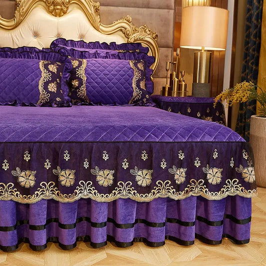 Luxury Quilted Bedding Super Soft Bedspreads Lace Bed Skirt Pillowcases Crystal Velvet Sheets for Girl King/Queen Size Bed Cover - SHOWLU FASHION STORE