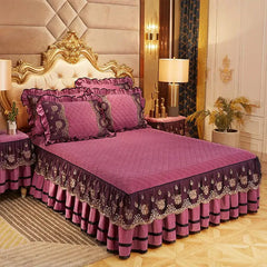 Luxury Quilted Bedding Super Soft Bedspreads Lace Bed Skirt Pillowcases Crystal Velvet Sheets for Girl King/Queen Size Bed Cover - SHOWLU FASHION STORE
