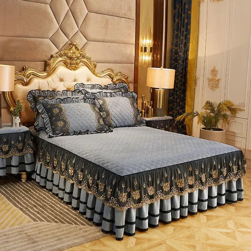 Luxury Quilted Bedding Super Soft Bedspreads Lace Bed Skirt Pillowcases Crystal Velvet Sheets for Girl King/Queen Size Bed Cover - SHOWLU FASHION STORE