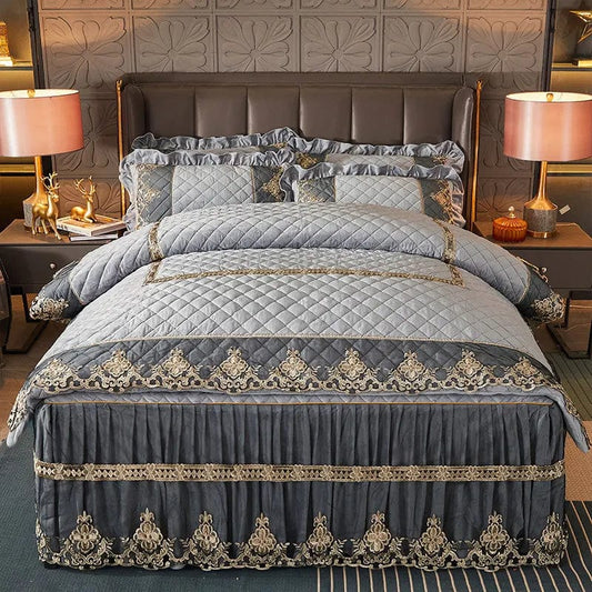 Luxury Quilted Velvet Duvet Cover Set Queen King Double Bed Embroidery Lace European Quilt Cover Solid Color 2 Pillowcases Soft - SHOWLU FASHION STORE