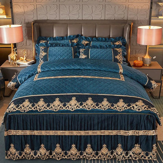 Luxury Quilted Velvet Duvet Cover Set Queen King Double Bed Embroidery Lace European Quilt Cover Solid Color 2 Pillowcases Soft - SHOWLU FASHION STORE