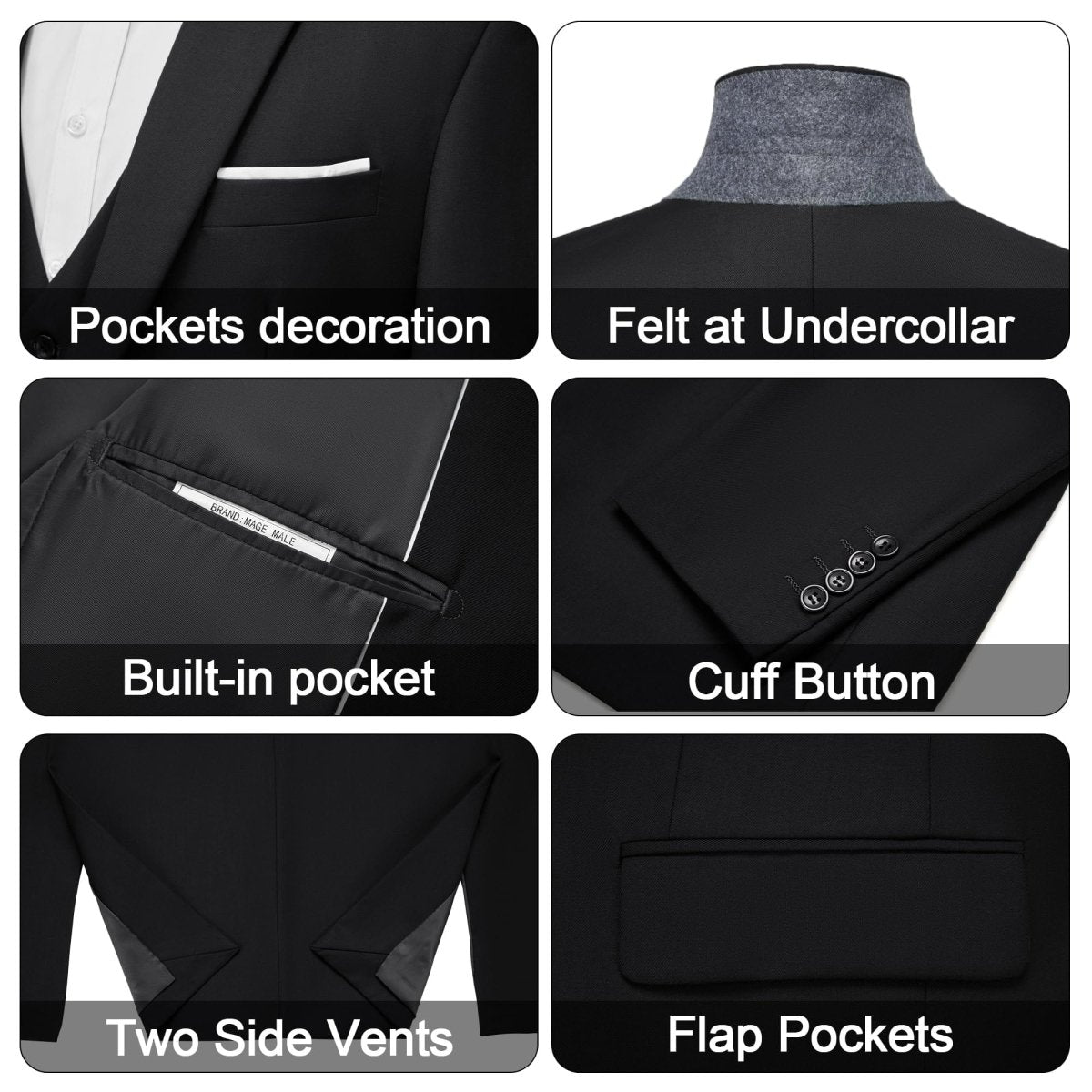 Men's 3 Pieces Suit Elegant Solid One Button Slim Fit Single Breasted Party Blazer Vest Pants Set. Black - SHOWLU FASHION STORE