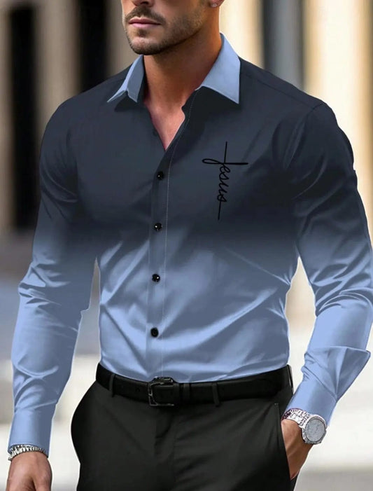 Men's Business Casual Printed Long Sleeve Shirt Formal Button Up Shirt Fall Winter Spring Summer Cuffed Long Sleeve Blue S, M, L - SHOWLU FASHION STORE
