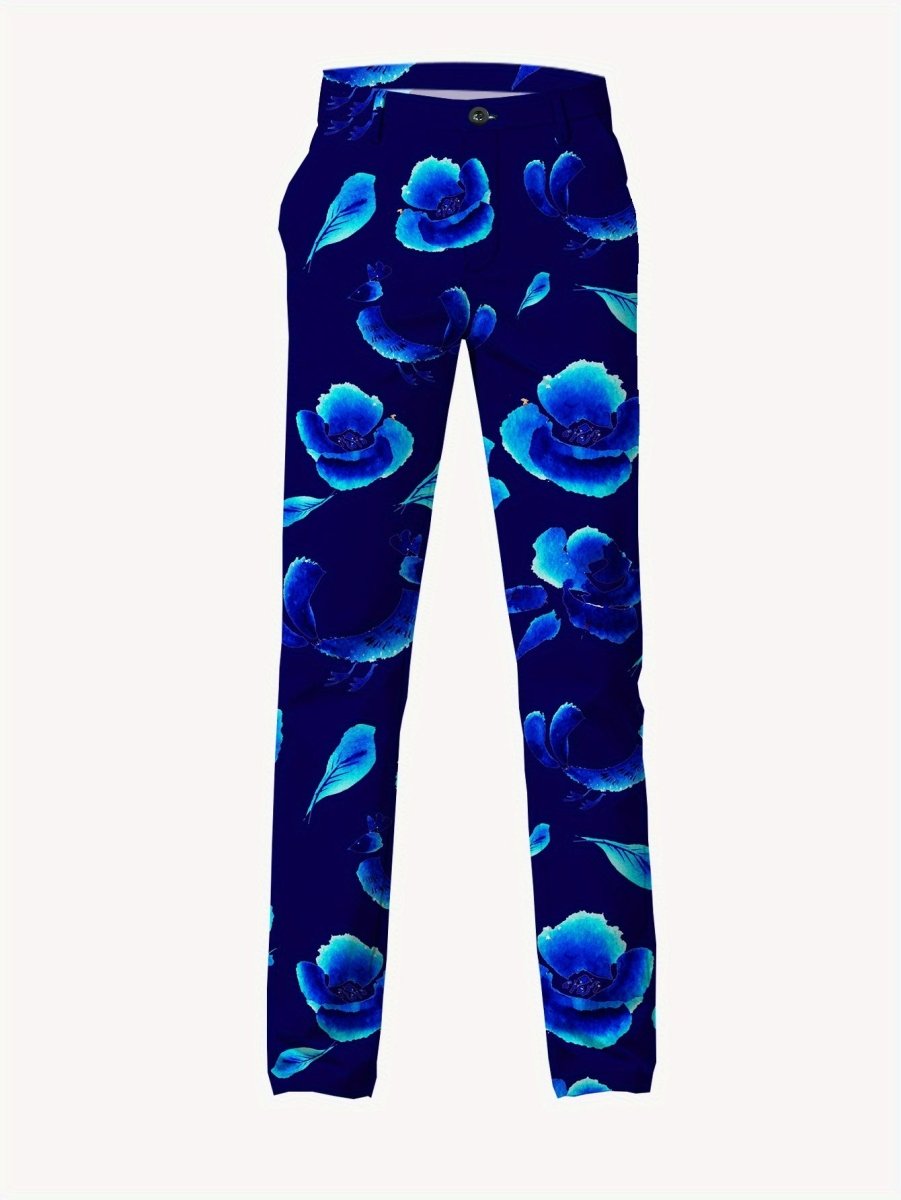 Men'S Casual Blue Floral Print Suit - Polyester, Long Sleeve, Lapel Collar, Pocket, Skinny Fit, All - Season Wear, Casual Attire|Floral Pattern Blazer|Polyester Blend - SHOWLU FASHION STORE