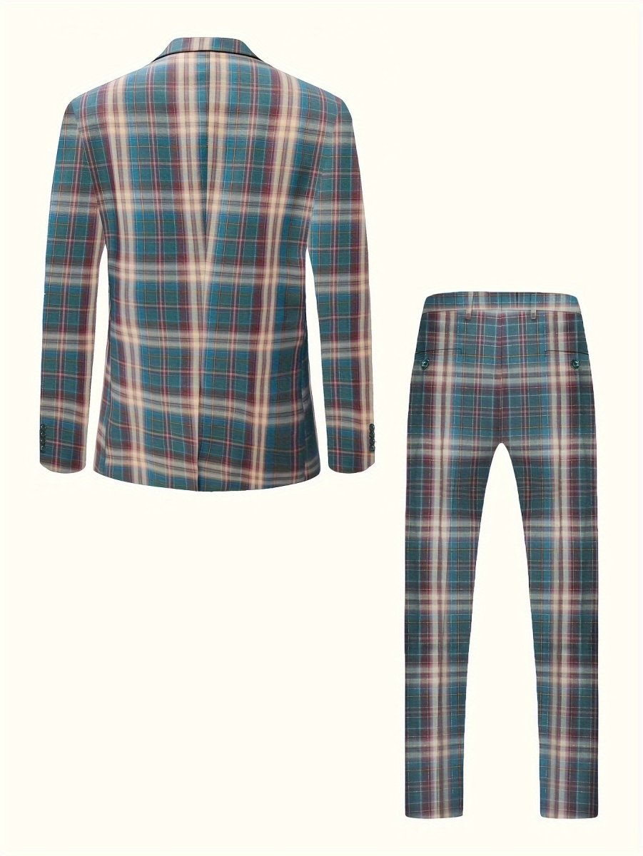 Men'S Casual Business 2pcs Suit Set, Plaid Polyester 100% Non - Stretch Fabric, Regular Fit with Pocket Details, Spring/Fall Party Wear, Woven Peak Lapel Collar, 95 g/m² Lining, 220 g/m² Weight - SHOWLU FASHION STORE