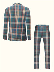 Men'S Casual Business 2pcs Suit Set, Plaid Polyester 100% Non - Stretch Fabric, Regular Fit with Pocket Details, Spring/Fall Party Wear, Woven Peak Lapel Collar, 95 g/m² Lining, 220 g/m² Weight - SHOWLU FASHION STORE