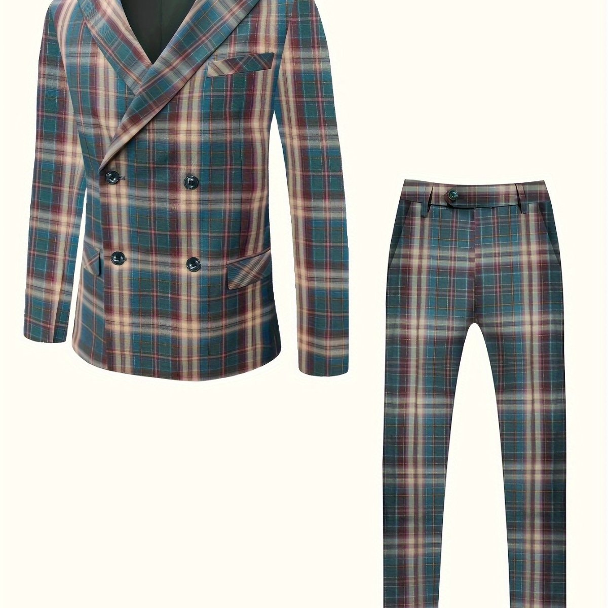 Men'S Casual Business 2pcs Suit Set, Plaid Polyester 100% Non - Stretch Fabric, Regular Fit with Pocket Details, Spring/Fall Party Wear, Woven Peak Lapel Collar, 95 g/m² Lining, 220 g/m² Weight - SHOWLU FASHION STORE