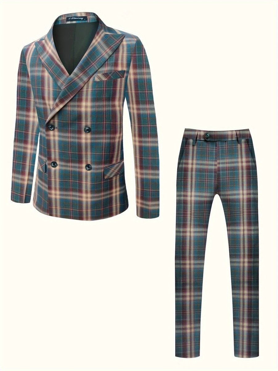 Men'S Casual Business 2pcs Suit Set, Plaid Polyester 100% Non - Stretch Fabric, Regular Fit with Pocket Details, Spring/Fall Party Wear, Woven Peak Lapel Collar, 95 g/m² Lining, 220 g/m² Weight - SHOWLU FASHION STORE