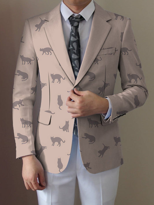Men's Casual Cat Print Blazer - Light Beige Polyester Jacket with Stylish Black Cat Silhouette Design, Button - Up Front, Perfect for All Seasons - SHOWLU FASHION STORE