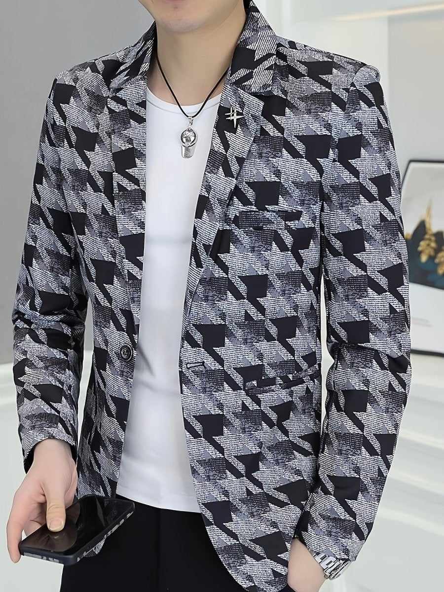 Men'S Casual Houndstooth Blazer, Polyester 100% Skinny Fit Long Sleeve Jacket with Lapel Collar, Single Button Placket, Non - Stretch Fabric, Regular Length - Spring/Fall Weekend Wear - SHOWLU FASHION STORE