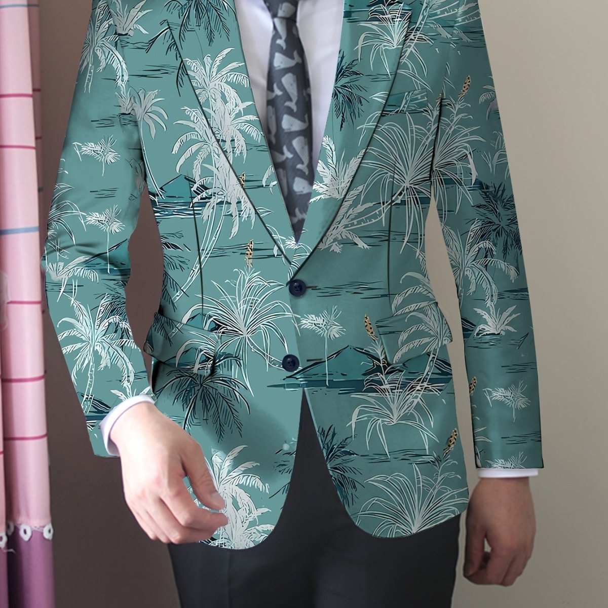 Men's Coconut Trees Print Blazer Jacket, Regular Fit, Button Closure, Suit Lapel, All - Season Wear - SHOWLU FASHION STORE