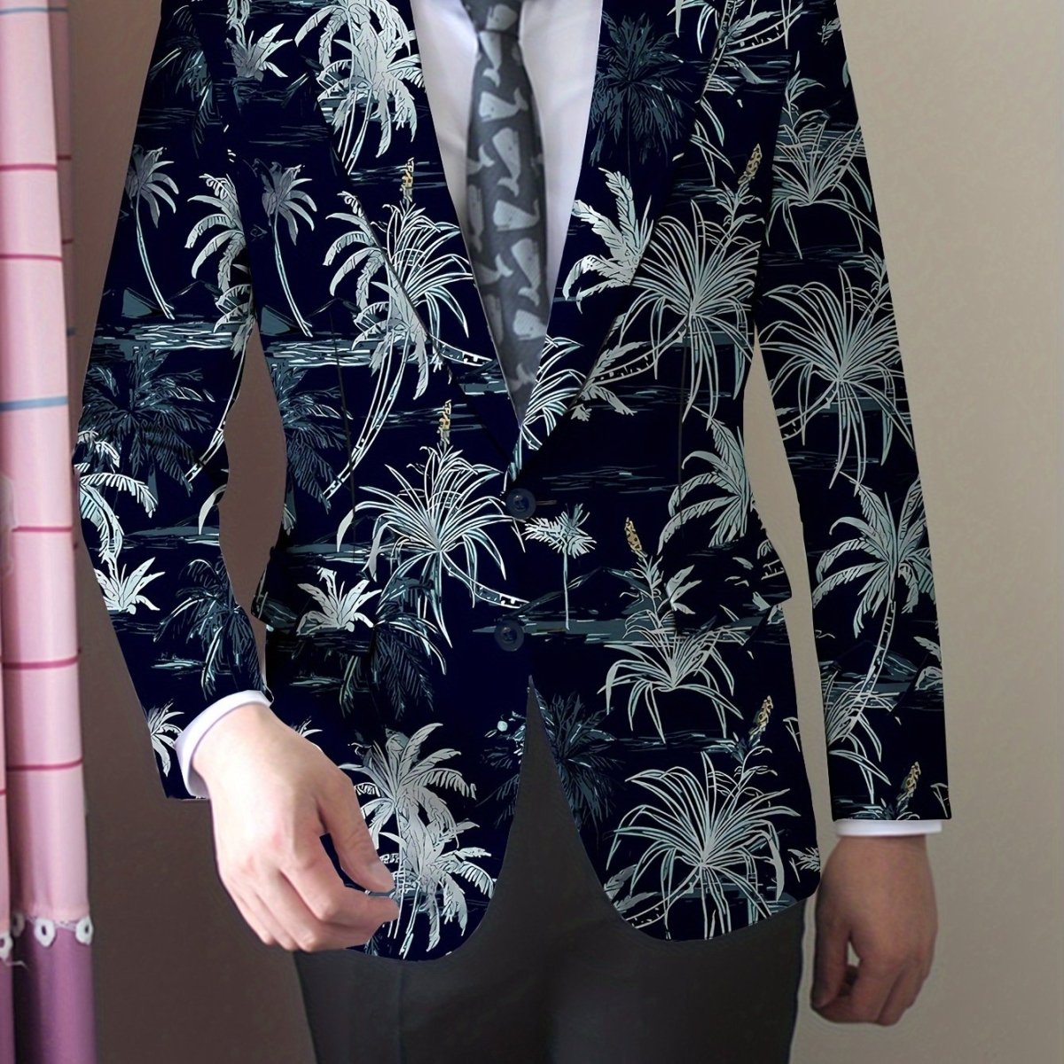 Men's Coconut Trees Print Blazer Jacket, Regular Fit, Button Closure, Suit Lapel, All - Season Wear - SHOWLU FASHION STORE