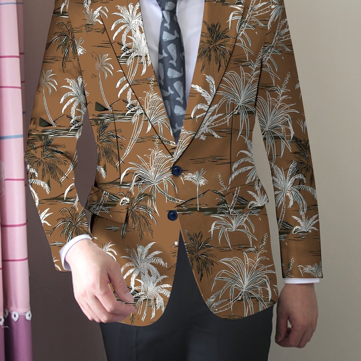 Men's Coconut Trees Print Blazer Jacket, Regular Fit, Button Closure, Suit Lapel, All - Season Wear - SHOWLU FASHION STORE