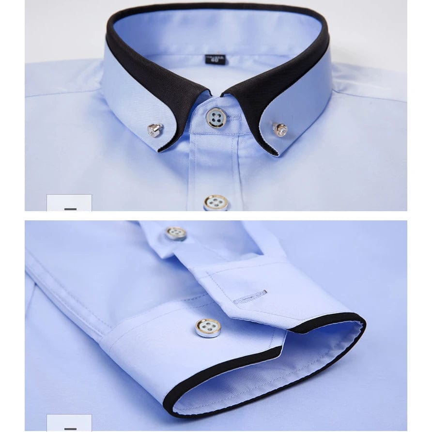 Men's Double Collar Shirt Long Sleeves Fashion Formal Classic Business Dress Shirt Black Casual Slim Fit Breathable Non - Iron Top - SHOWLU FASHION STORE