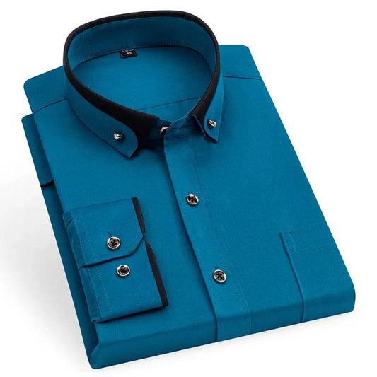 Men's Double Collar Shirt Long Sleeves Fashion Formal Classic Business Dress Shirt Black Casual Slim Fit Breathable Non - Iron Top - SHOWLU FASHION STORE