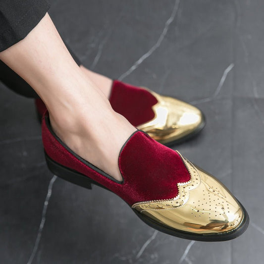 Men's Elegant Slip - On Loafers - Stylish Red & Golden Wingtip Dress Shoes for Weddings, Business, and Casual Events, Round Toe with Rubber Sole, PU Upper Material, Perfect for All Seasons - SHOWLU FASHION STORE