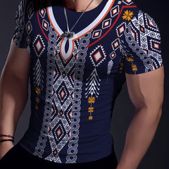 Men's Ethnic Style Muscle Fit T-shirt, Men's Breathable Compression T-shirt, High - Elastic Comfy Top For Summer Sport - SHOWLU FASHION STORE