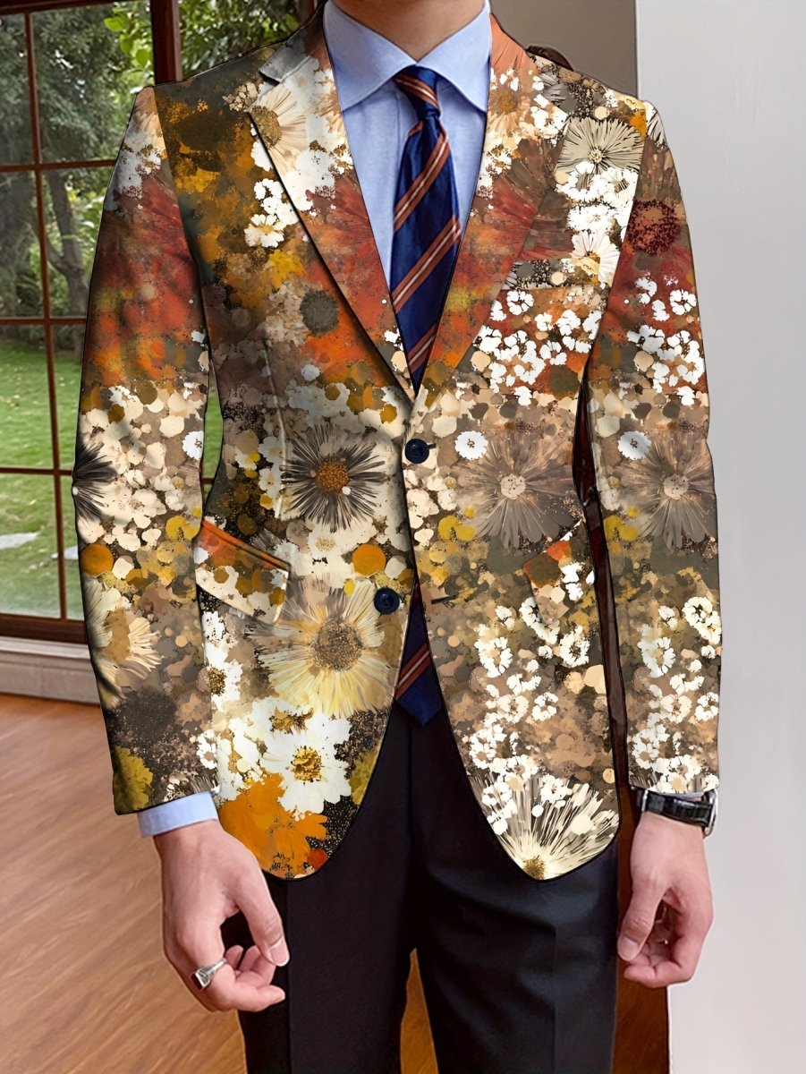 Men's Floral Blazer, Polyester, Long Sleeve, Regular Fit, Solid Color, Single - Breasted, No Belt, Non - Waterproof, Suitable for All Seasons, Mature Style, Men's Fashion Outerwear - SHOWLU FASHION STORE