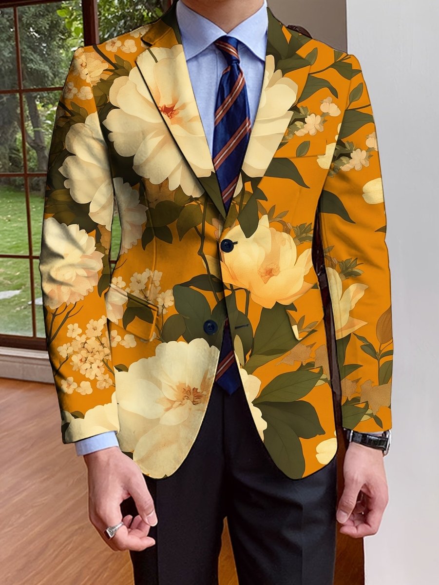 Men's Floral Blazer, Polyester, Long Sleeve, Regular Fit, Solid Color, Single - Breasted, No Belt, Non - Waterproof, Suitable for All Seasons, Mature Style, Men's Fashion Outerwear - SHOWLU FASHION STORE