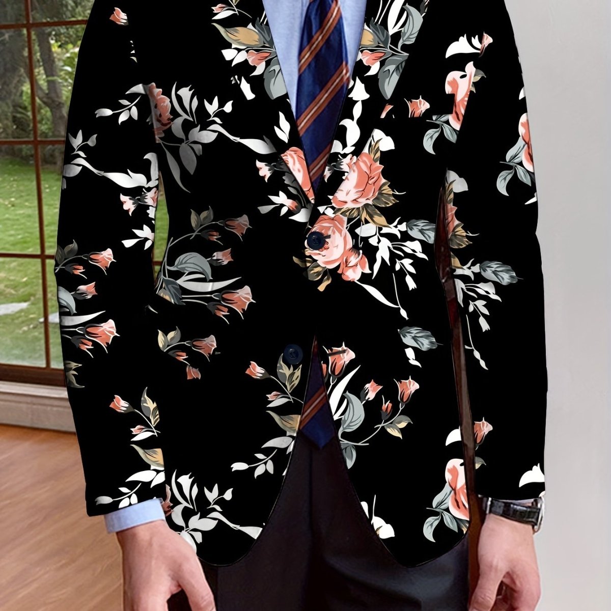 Men's Floral Blazer, Polyester, Long Sleeve, Regular Fit, Solid Color, Single - Breasted, No Belt, Non - Waterproof, Suitable for All Seasons, Mature Style, Men's Fashion Outerwear - SHOWLU FASHION STORE