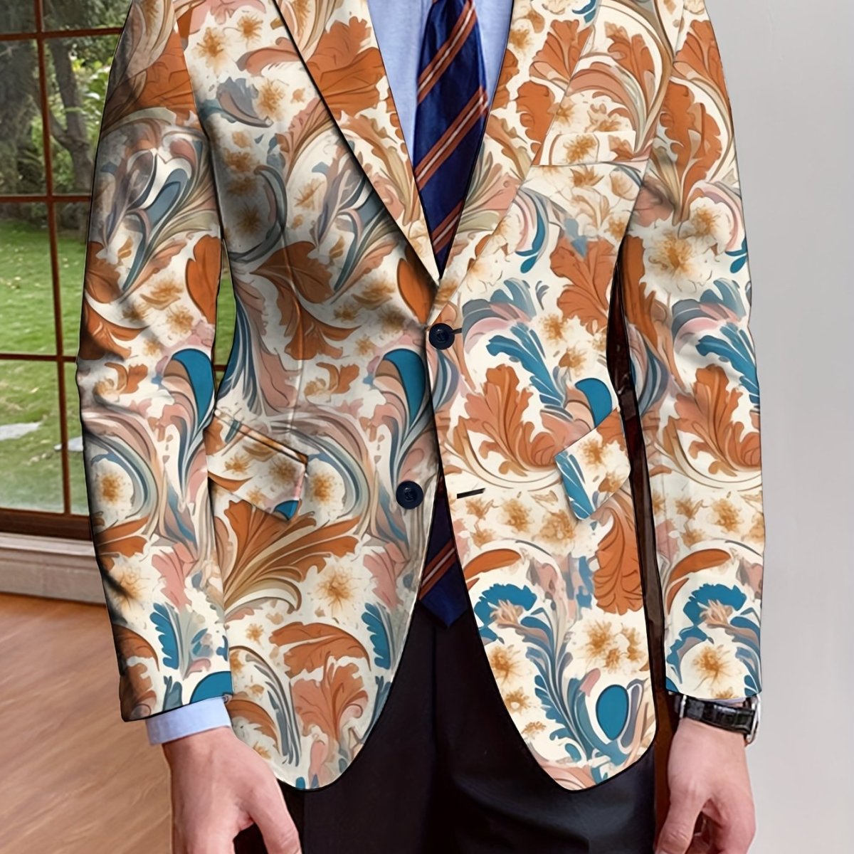 Men's Floral Blazer, Polyester, Long Sleeve, Regular Fit, Solid Color, Single - Breasted, No Belt, Non - Waterproof, Suitable for All Seasons, Mature Style, Men's Fashion Outerwear - SHOWLU FASHION STORE
