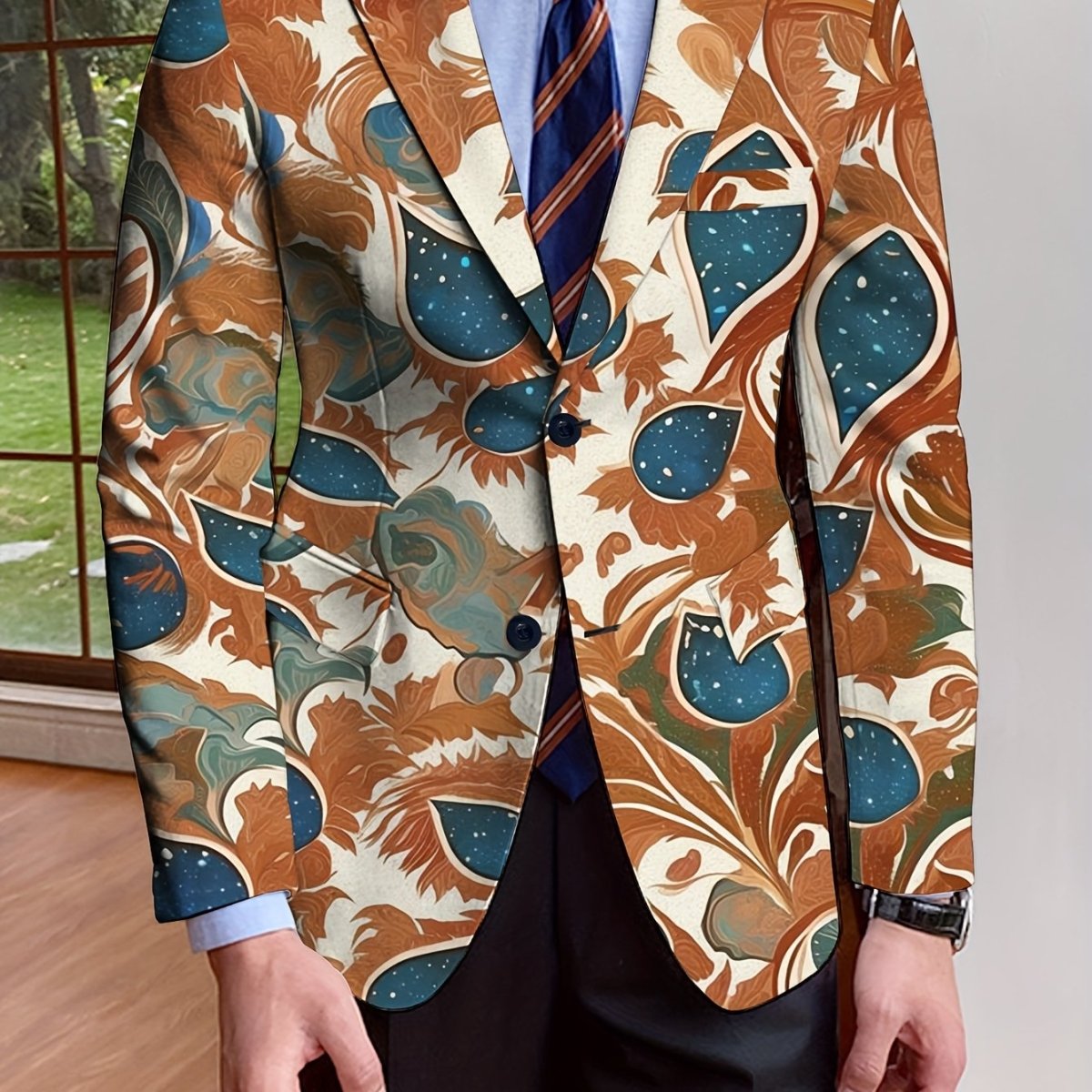 Men's Floral Blazer, Polyester, Long Sleeve, Regular Fit, Solid Color, Single - Breasted, No Belt, Non - Waterproof, Suitable for All Seasons, Mature Style, Men's Fashion Outerwear - SHOWLU FASHION STORE