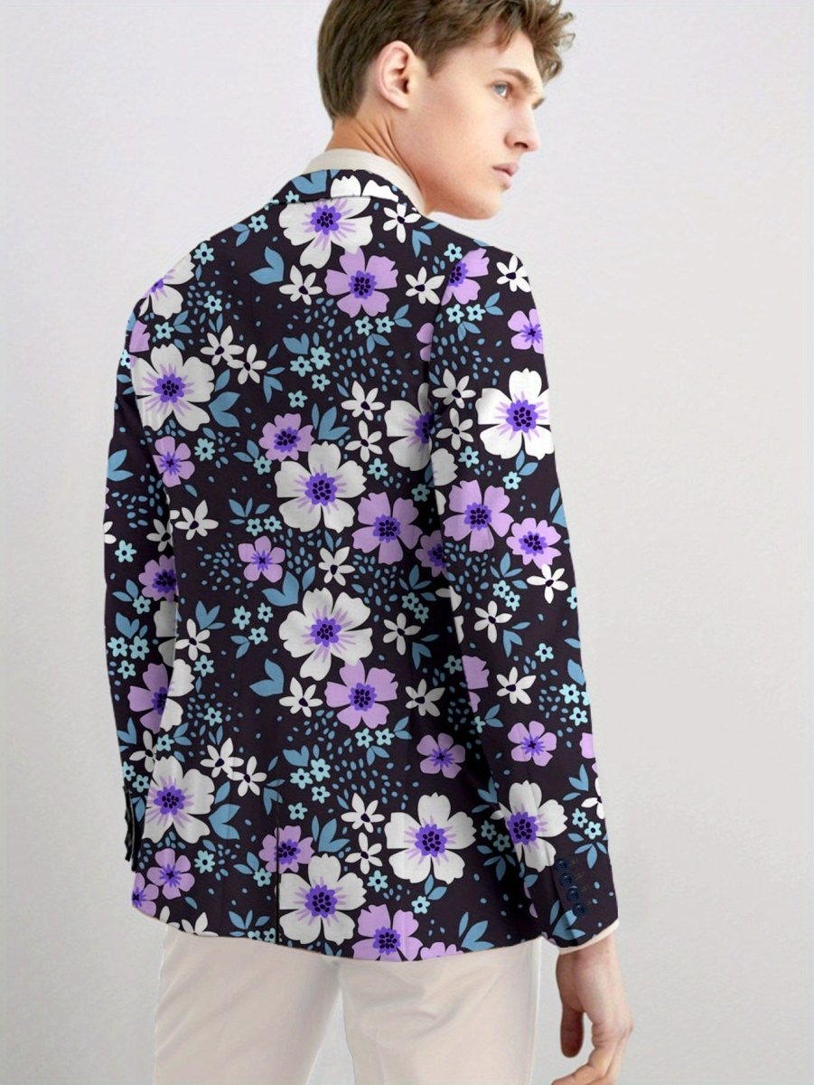 Men'S Floral Print Blazer, 100% Polyester, All - Season Lapel Collar, Slight Stretch, Regular Fit, Mature Style, Button Detail, 280gsm - Elegant Casual Suit Jacket for Men - SHOWLU FASHION STORE