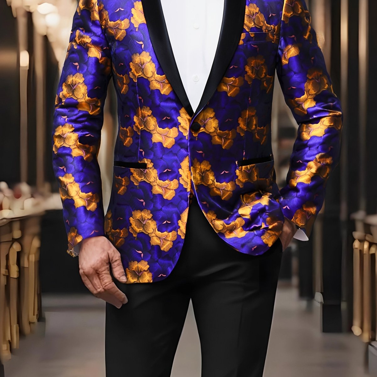 Men's Floral Print Blazer - Lightweight, One Button Jacket with Shawl Lapel, Classic Regular Fit for Business & Prom, Purple and Orange Flowers Design, PLUS SIZE - SHOWLU FASHION STORE