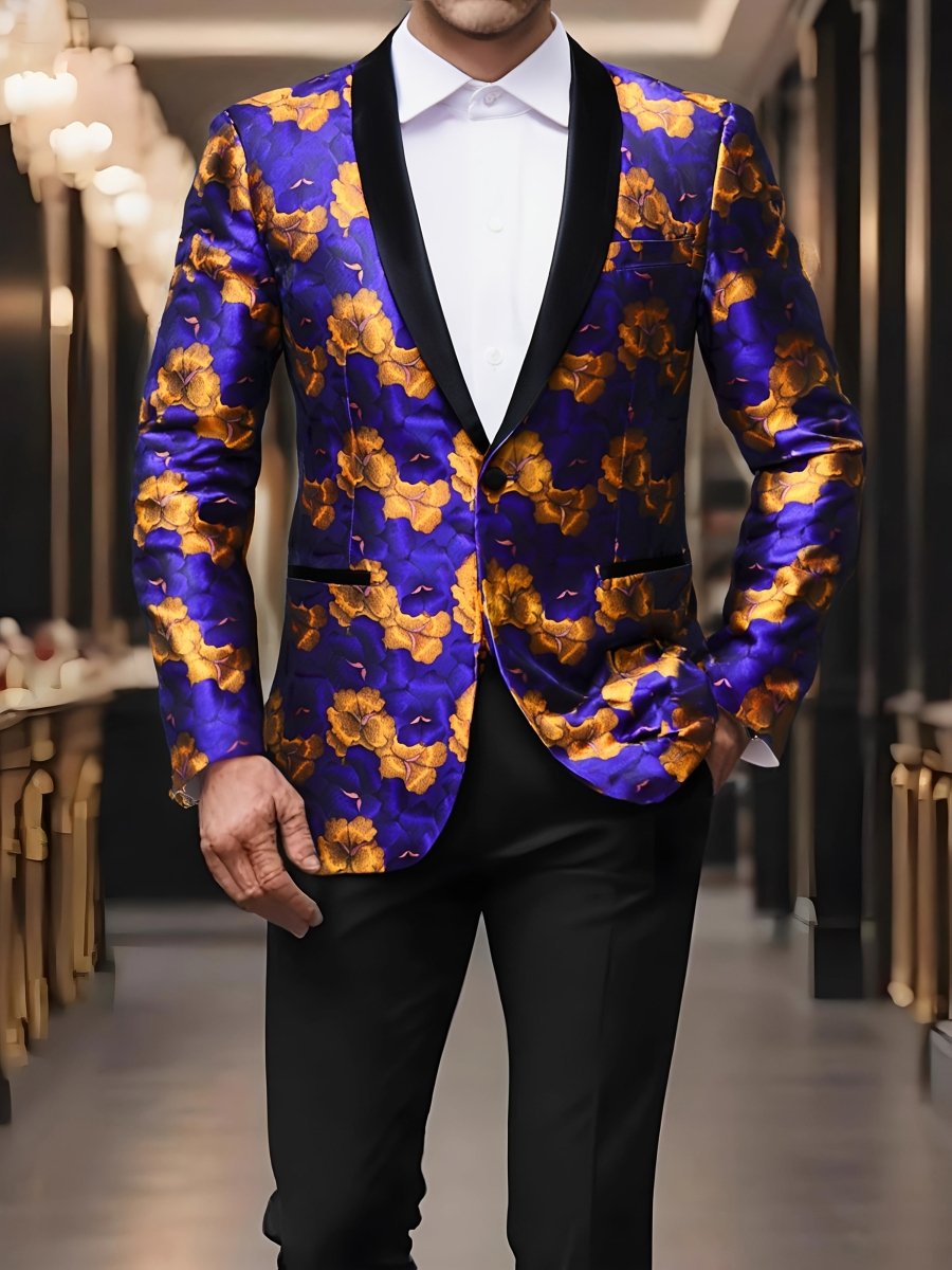Men's Floral Print Blazer - Lightweight, One Button Jacket with Shawl Lapel, Classic Regular Fit for Business & Prom, Purple and Orange Flowers Design, PLUS SIZE - SHOWLU FASHION STORE