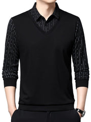 Men's Geometric Graphic Print Golf Shirt, Casual Fake Two - piece Long Sleeve Shirt For Winter Fall Outdoor - SHOWLU FASHION STORE