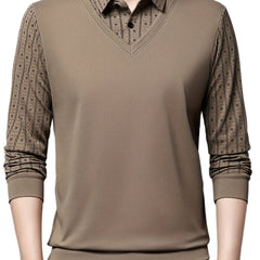 Men's Geometric Graphic Print Golf Shirt, Casual Fake Two - piece Long Sleeve Shirt For Winter Fall Outdoor - SHOWLU FASHION STORE