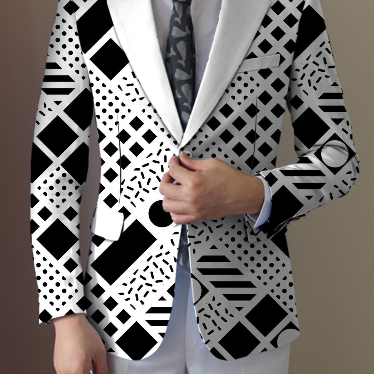 Men'S Geometric Pattern Blazer, Casual Style Polyester Suit Jacket with Slight Stretch, All - Season Lapel Collar, Regular Fit, Woven Fabric, 280g/m² - Button Detail - SHOWLU FASHION STORE