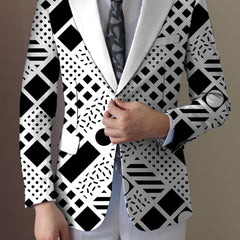 Men'S Geometric Pattern Blazer, Casual Style Polyester Suit Jacket with Slight Stretch, All - Season Lapel Collar, Regular Fit, Woven Fabric, 280g/m² - Button Detail - SHOWLU FASHION STORE