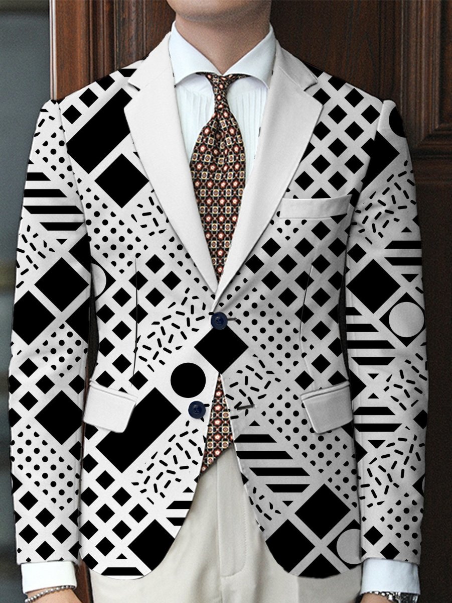 Men'S Geometric Pattern Blazer, Casual Style Polyester Suit Jacket with Slight Stretch, All - Season Lapel Collar, Regular Fit, Woven Fabric, 280g/m² - Button Detail - SHOWLU FASHION STORE
