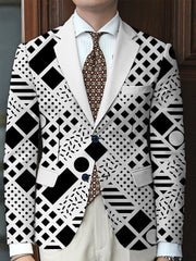 Men'S Geometric Pattern Blazer, Casual Style Polyester Suit Jacket with Slight Stretch, All - Season Lapel Collar, Regular Fit, Woven Fabric, 280g/m² - Button Detail - SHOWLU FASHION STORE