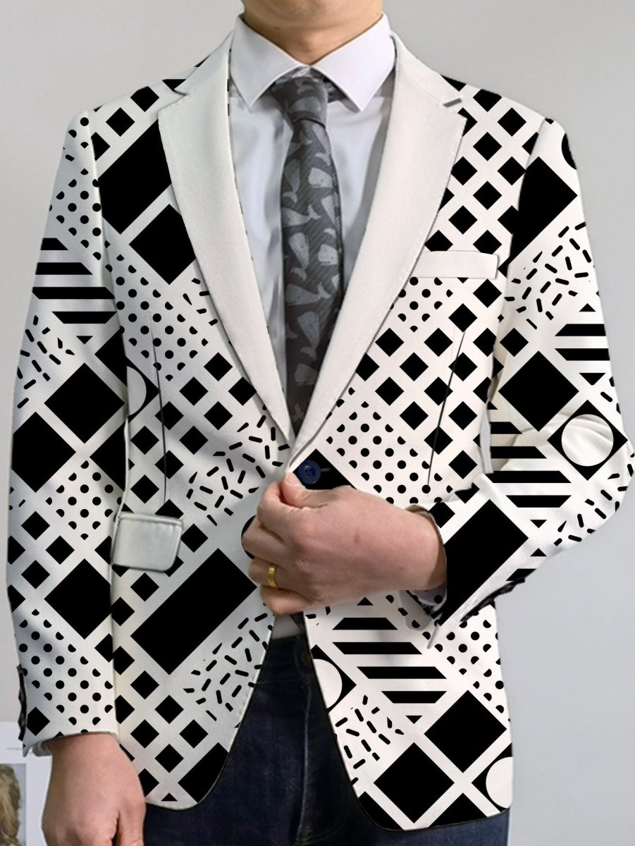 Men'S Geometric Pattern Blazer, Casual Style Polyester Suit Jacket with Slight Stretch, All - Season Lapel Collar, Regular Fit, Woven Fabric, 280g/m² - Button Detail - SHOWLU FASHION STORE