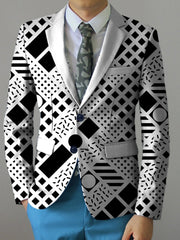 Men'S Geometric Pattern Blazer, Casual Style Polyester Suit Jacket with Slight Stretch, All - Season Lapel Collar, Regular Fit, Woven Fabric, 280g/m² - Button Detail - SHOWLU FASHION STORE