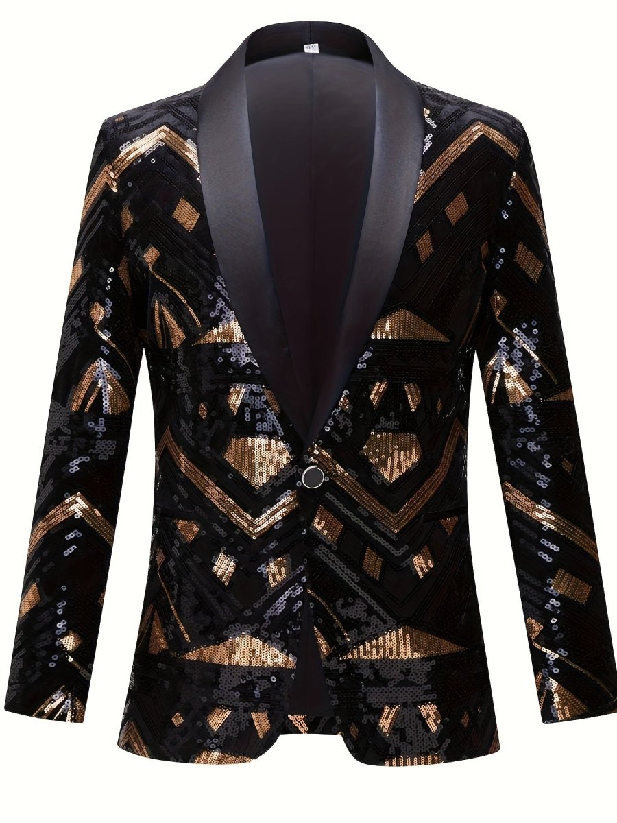 Men'S Geometric - Patterned Black Golden Sequin Suit Jacket, 100% Polyester Long Sleeve Party Shawl Collar with Pockets, Regular Fit Woven Performance Dress for All Seasons - SHOWLU FASHION STORE