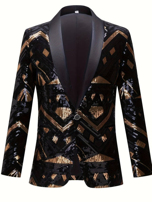 Men'S Geometric - Patterned Black Golden Sequin Suit Jacket, 100% Polyester Long Sleeve Party Shawl Collar with Pockets, Regular Fit Woven Performance Dress for All Seasons - SHOWLU FASHION STORE