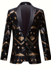 Men'S Geometric - Patterned Black Golden Sequin Suit Jacket, 100% Polyester Long Sleeve Party Shawl Collar with Pockets, Regular Fit Woven Performance Dress for All Seasons - SHOWLU FASHION STORE