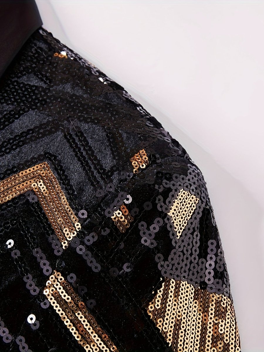 Men'S Geometric - Patterned Black Golden Sequin Suit Jacket, 100% Polyester Long Sleeve Party Shawl Collar with Pockets, Regular Fit Woven Performance Dress for All Seasons - SHOWLU FASHION STORE