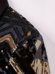 Men'S Geometric - Patterned Black Golden Sequin Suit Jacket, 100% Polyester Long Sleeve Party Shawl Collar with Pockets, Regular Fit Woven Performance Dress for All Seasons - SHOWLU FASHION STORE