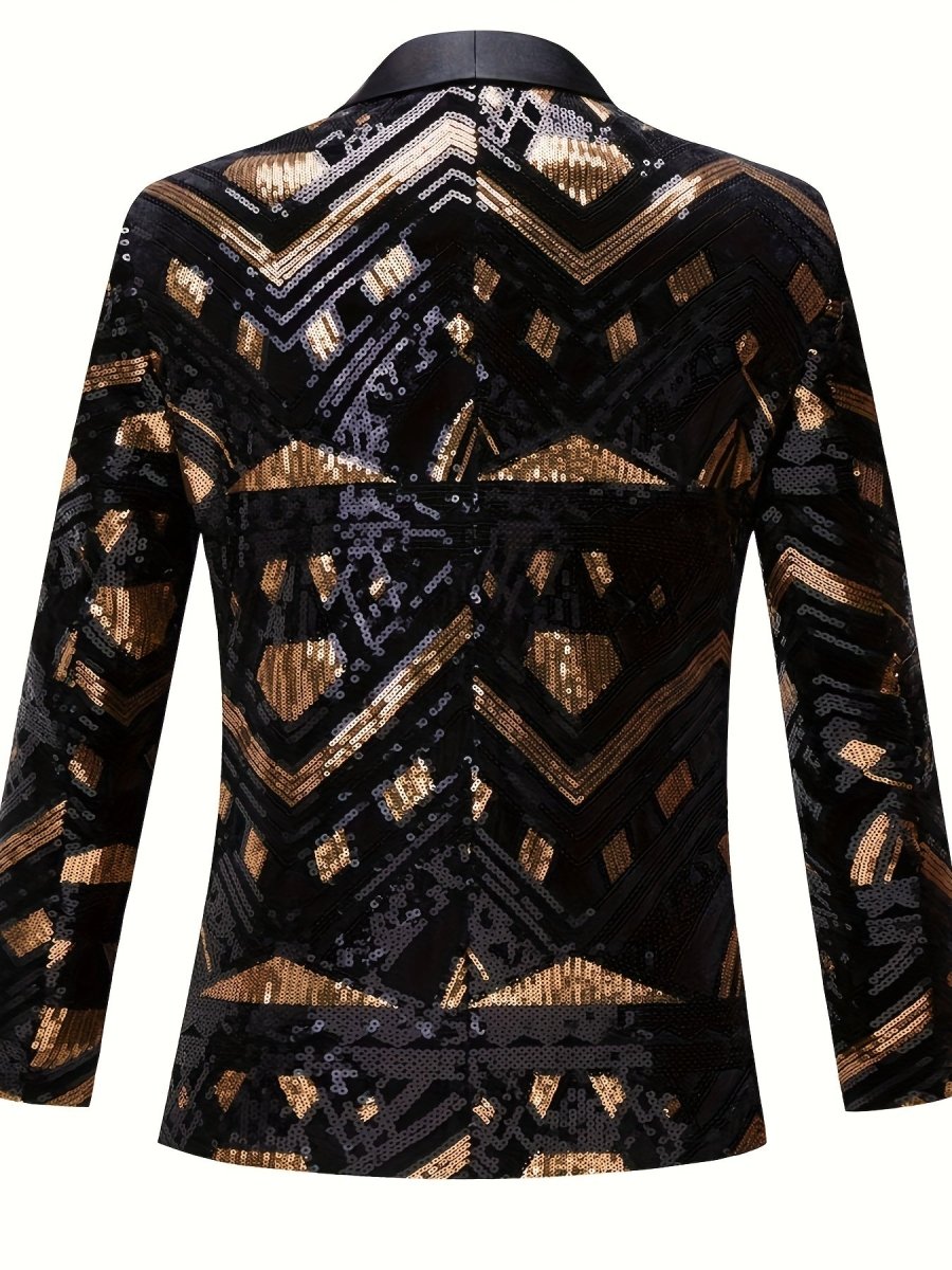 Men'S Geometric - Patterned Black Golden Sequin Suit Jacket, 100% Polyester Long Sleeve Party Shawl Collar with Pockets, Regular Fit Woven Performance Dress for All Seasons - SHOWLU FASHION STORE