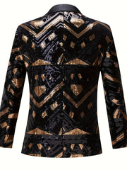 Men'S Geometric - Patterned Black Golden Sequin Suit Jacket, 100% Polyester Long Sleeve Party Shawl Collar with Pockets, Regular Fit Woven Performance Dress for All Seasons - SHOWLU FASHION STORE