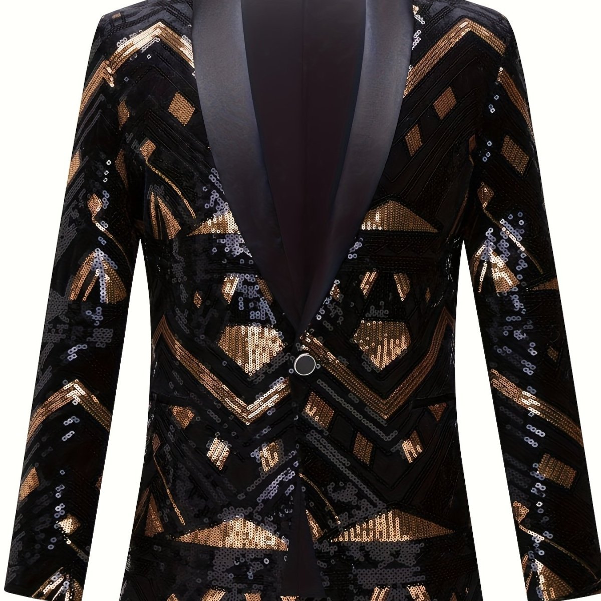 Men'S Geometric - Patterned Black Golden Sequin Suit Jacket, 100% Polyester Long Sleeve Party Shawl Collar with Pockets, Regular Fit Woven Performance Dress for All Seasons - SHOWLU FASHION STORE