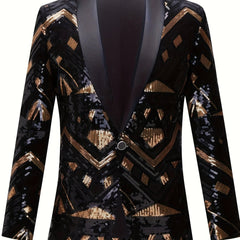Men'S Geometric - Patterned Black Golden Sequin Suit Jacket, 100% Polyester Long Sleeve Party Shawl Collar with Pockets, Regular Fit Woven Performance Dress for All Seasons - SHOWLU FASHION STORE